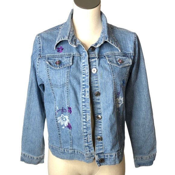Jean Jacket Girls L Arizona Jean Co. Denim Jacket Purple Rhinestones Embroidery - Picture 1 of 13